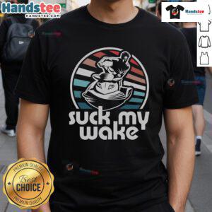 Funny Jet Ski Suck My Wake retro T-shirt design featuring vibrant jet ski graphics and playful text for water sports lovers.
