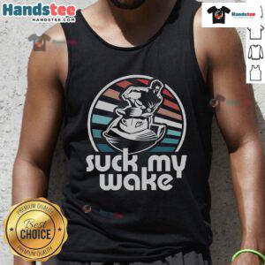 Funny Jet Ski Suck My Wake retro tank top design featuring vibrant graphics and a playful jet skiing theme.