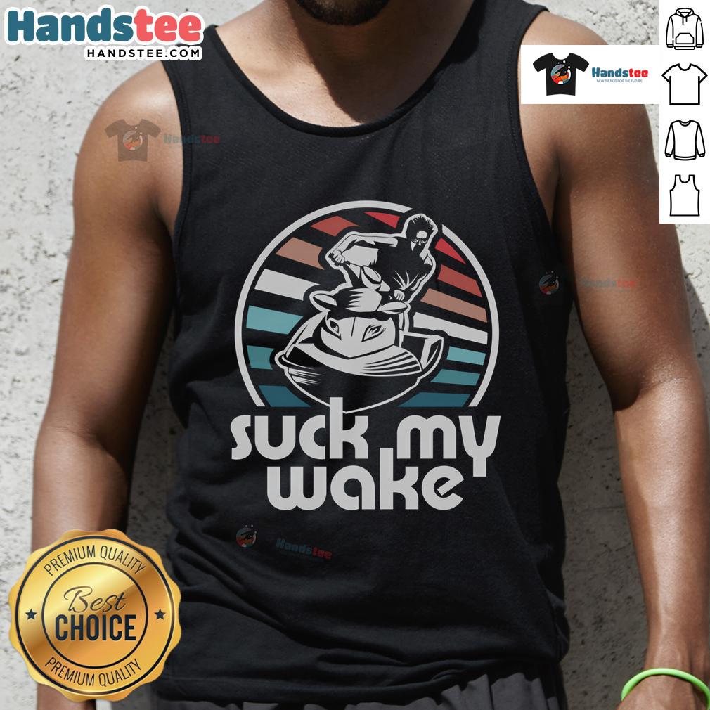 Funny Jet Ski Suck My Wake retro tank top design featuring vibrant graphics and a playful jet skiing theme.