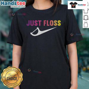Funny Just Floss Dental Hygienist Nike Logo Ladies Tee - Humorous dental shirt for hygienists and flossing enthusiasts.