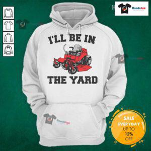Funny mower mowing yard with landscaping hoodie, perfect for yard work enthusiasts and gardening humor lovers.