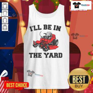 Man in tank top laughing while mowing yard, showcasing funny landscaping moments with a mower.
