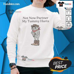 Funny 'Not Now Partner, My Tummy Hurts' IBS Lactose Frog Cowboy Sweatshirt design featuring a whimsical frog in cowboy attire.