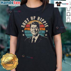 Funny Political Shut Up Hippie Enza Ladies Jersey Football Tee for women, perfect for casual and humorous outings.