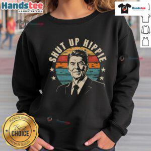 Alt Text: Funny political 'Shut Up Hippie' Enza ladies jersey football sweatshirt in vibrant colors, perfect for casual wear.