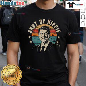 Funny Political Shut Up Hippie Enza Ladies Jersey Football T-Shirt featuring a humorous graphic and vibrant colors.