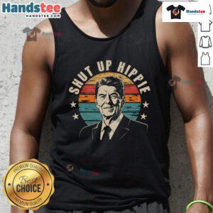 Funny political 'Shut Up Hippie' Enza ladies jersey football tank top featuring a humorous design for casual wear.