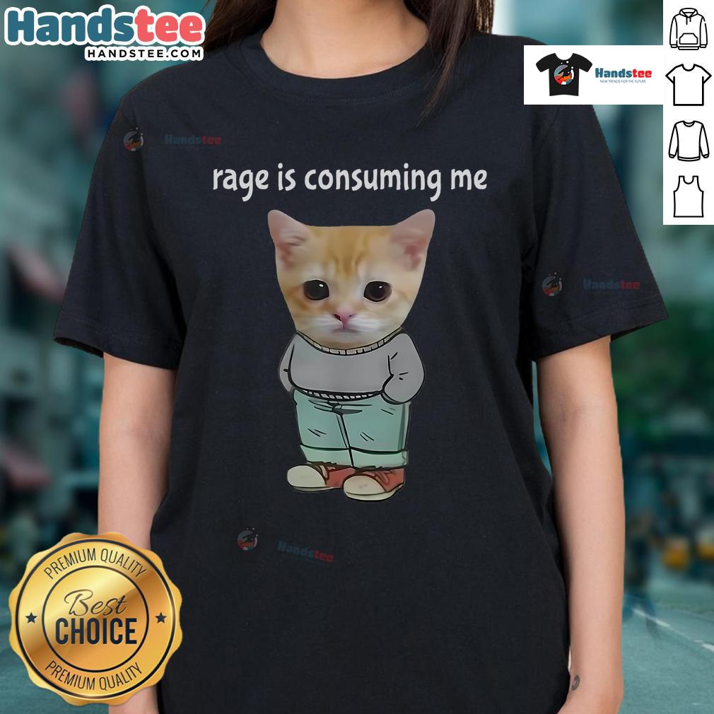Funny rage-consuming silly cat meme on a chill guy tee, perfect for cat lovers and humor enthusiasts.