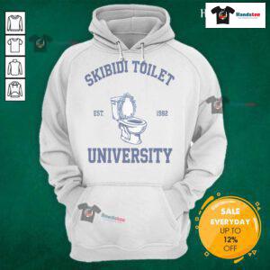 Alt Text: Funny Skibidi Toilet University hoodie, established 1982, featuring vibrant Skibidi meme graphic for stylish fans.