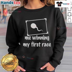 Funny Sperm sweatshirt design depicting a sperm character celebrating victory in a race, perfect for humor lovers.