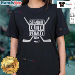 Funny Straight Outta The Penalty Box ice hockey player graphic on a ladies tee, perfect for hockey fans and casual wear.