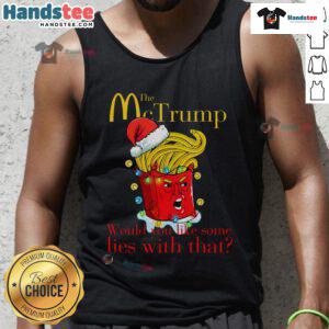 Funny Mc Trump Christmas tank top featuring humorous text about lies, perfect for holiday gatherings and political satire.