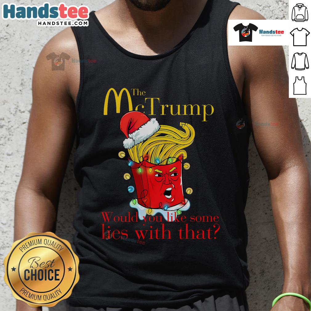 Funny Mc Trump Christmas tank top featuring humorous text about lies, perfect for holiday gatherings and political satire.