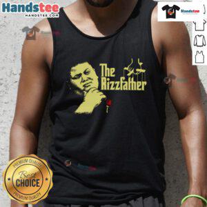 Alt Text: Funny The Rizzfather meme tank top featuring The Rizzler and Godfather theme, perfect for casual wear and laughs.