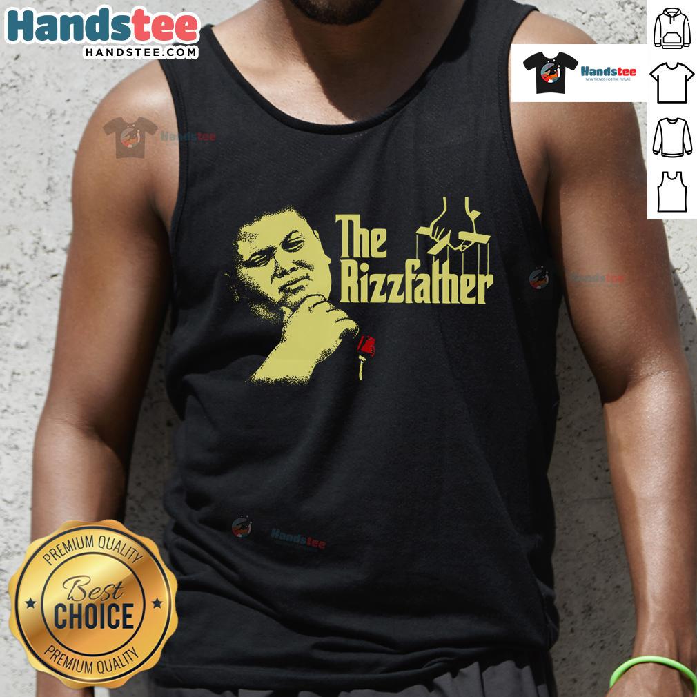 Alt Text: Funny The Rizzfather meme tank top featuring The Rizzler and Godfather theme, perfect for casual wear and laughs.