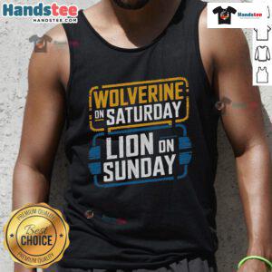 Funny Wolverine on Saturday, Lion on Sunday tank top design featuring playful graphics and vibrant colors for casual wear.