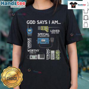 God Says I Am Ham Radio Lover Christian Ladies Tee featuring a stylish design for Christian women who love ham radio.