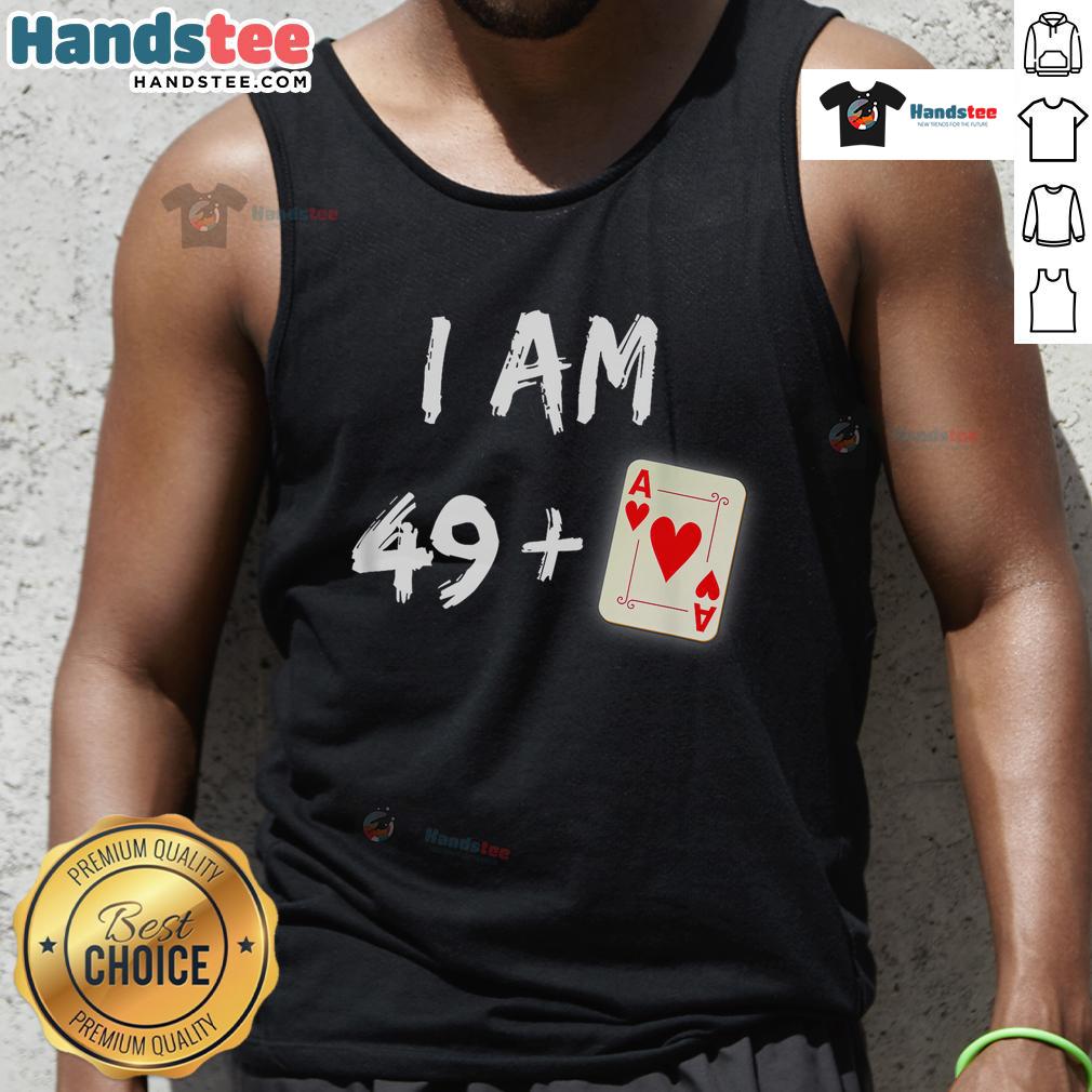 50th birthday poker player wearing a stylish tank top, celebrating with friends at a lively poker game.