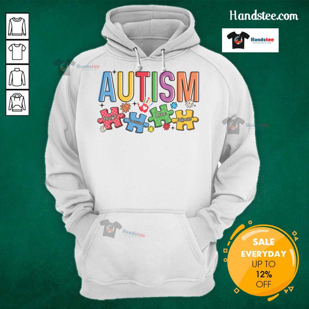 Good Autism Accept Understand Puzzle Hoodie featuring a colorful puzzle piece design promoting autism awareness and acceptance.