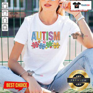 Good Autism Accept Understand Puzzle Ladies Tee featuring colorful puzzle pieces and a positive message about autism awareness.