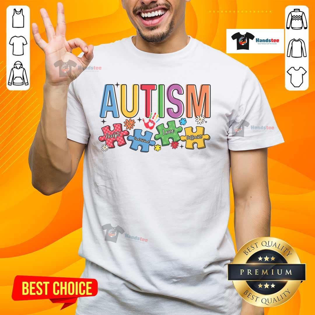 Good Autism Accept Understand Puzzle T-Shirt featuring colorful puzzle pieces symbolizing autism awareness and acceptance.