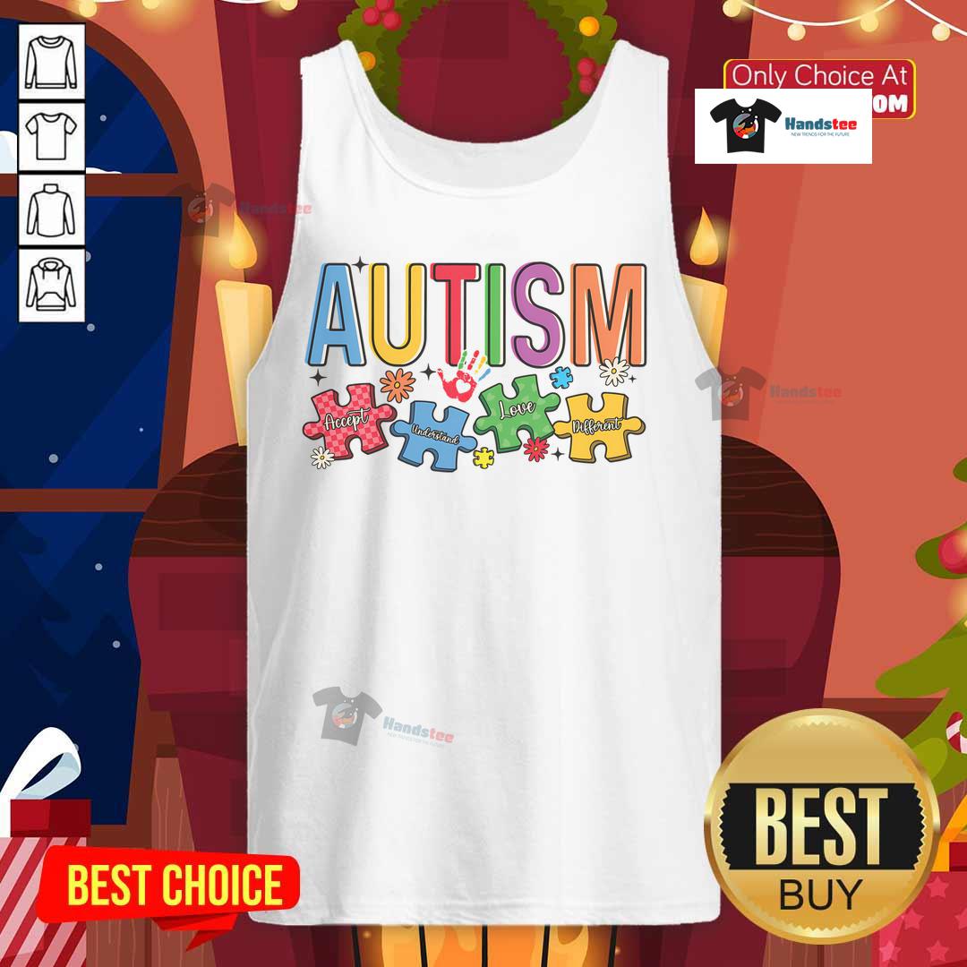 Good Autism Accept Understand puzzle tank top featuring vibrant colors and a positive message about autism acceptance.
