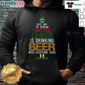 Funny naughty Santa elf hoodie displaying good Christmas cheer with a playful design and beer theme for festive fun.