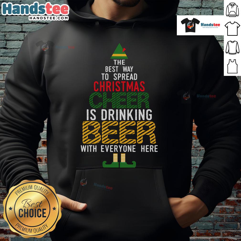 Funny naughty Santa elf hoodie displaying good Christmas cheer with a playful design and beer theme for festive fun.