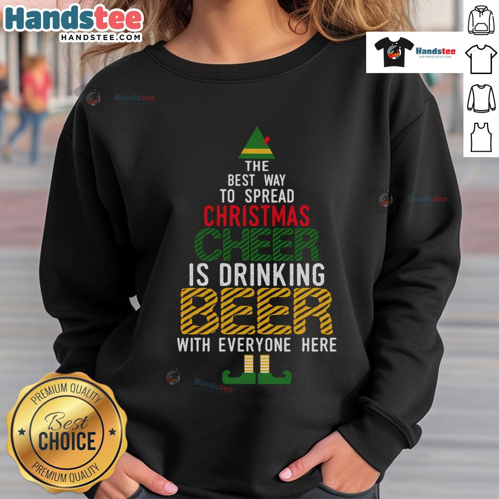 Funny Naughty Santa Elf sweatshirt featuring a cheerful elf with beer, perfect for spreading good Christmas cheer.