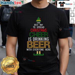 Funny Naughty Santa Elf Beer T-Shirt featuring a cheerful elf spreading good Christmas cheer in a festive design.