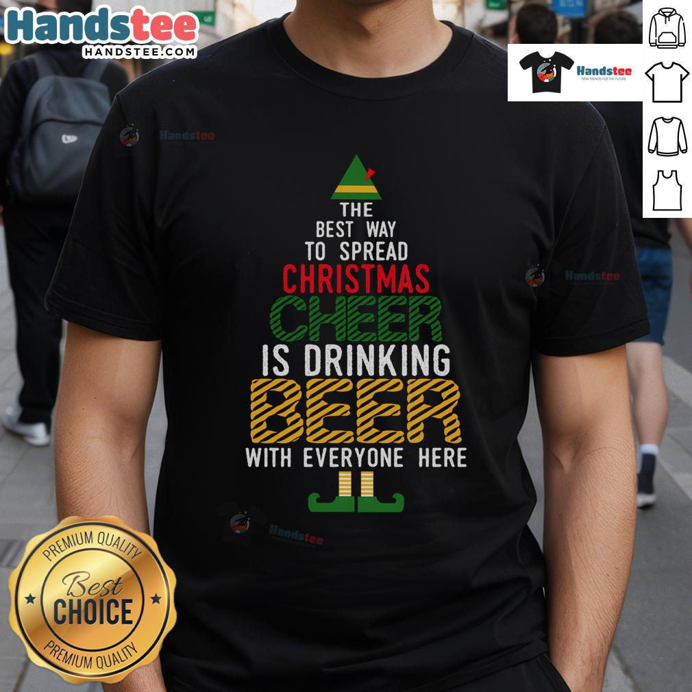 Funny Naughty Santa Elf Beer T-Shirt featuring a cheerful elf spreading good Christmas cheer in a festive design.