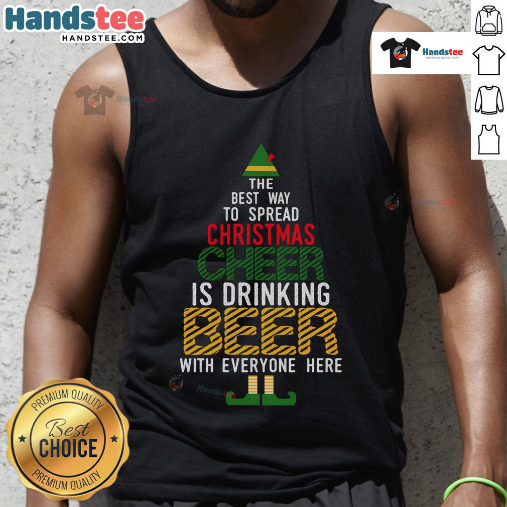 Funny Christmas Cheer Elf tank top featuring a naughty Santa elf with beer, perfect for holiday parties and festive fun.