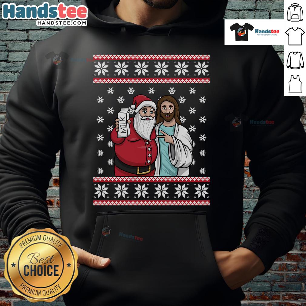 Alt Text: Good Christmas graphic hoodie featuring Santa and Jesus with Jingle Bros, perfect for festive holiday celebrations.