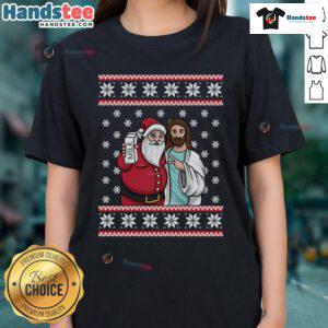 Good Christmas graphic featuring Santa and Jesus with 'Jingle Bros' design on a womens tee, perfect holiday apparel.