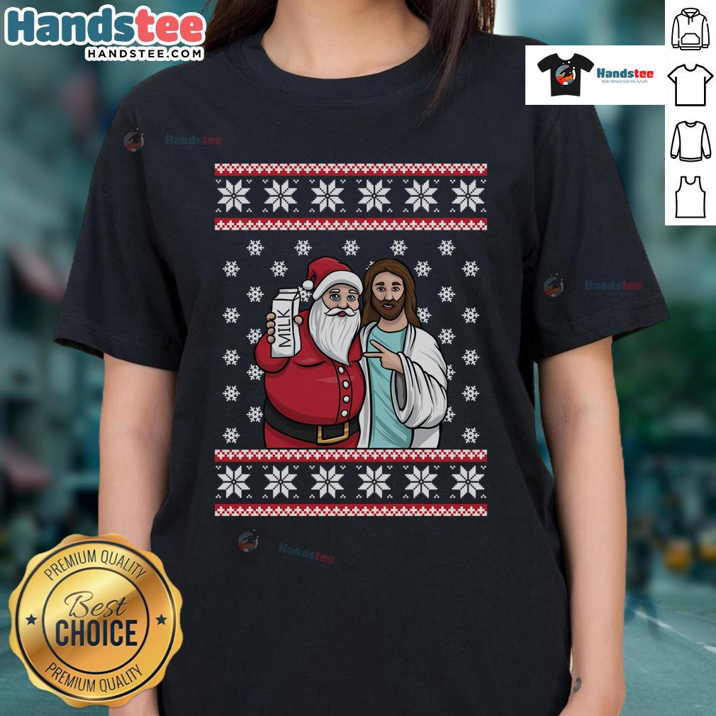 Good Christmas graphic featuring Santa and Jesus with 'Jingle Bros' design on a womens tee, perfect holiday apparel.