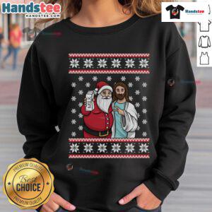 Good Christmas graphic featuring Santa and Jesus on a Jingle Bros sweatshirt with milk and food theme.