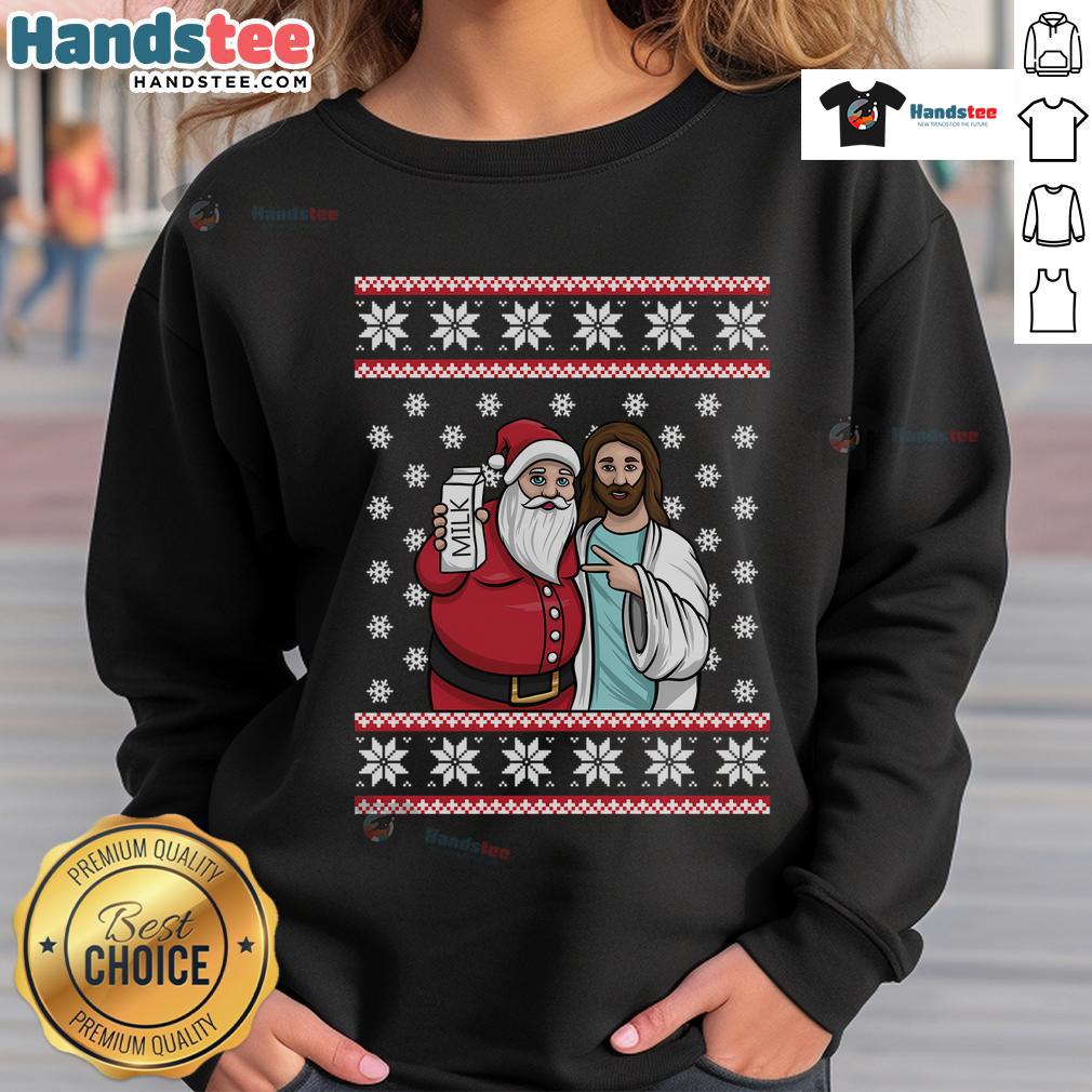 Good Christmas graphic featuring Santa and Jesus on a Jingle Bros sweatshirt with milk and food theme.