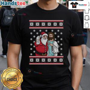 Alt Text: Good Christmas graphic featuring Santa, Jesus, and Jingle Bros with milk on a festive T-shirt design.