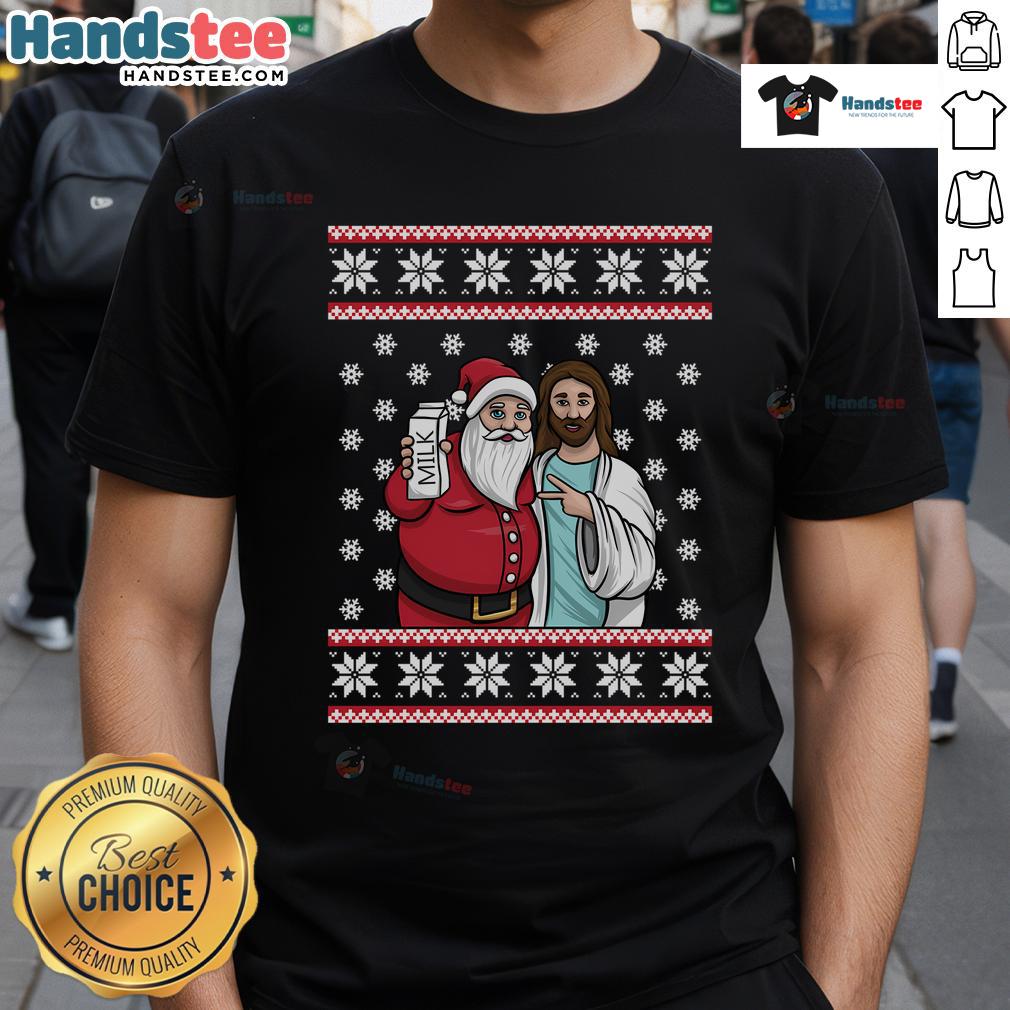 Alt Text: Good Christmas graphic featuring Santa, Jesus, and Jingle Bros with milk on a festive T-shirt design.