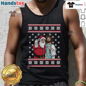 Festive tank top featuring Santa and Jesus with 'Jingle Bros' graphic, perfect for Christmas celebrations.