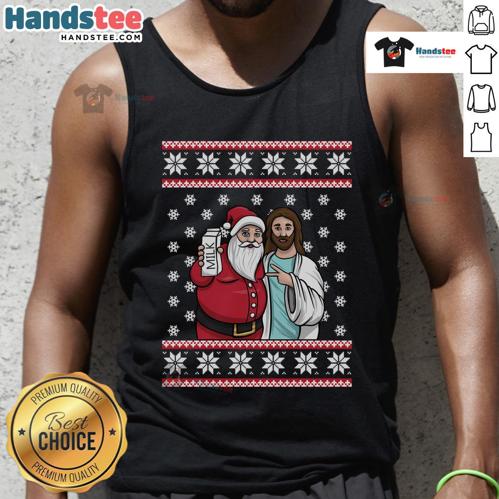 Festive tank top featuring Santa and Jesus with 'Jingle Bros' graphic, perfect for Christmas celebrations.