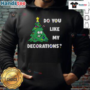 Cozy hoodie with Christmas tree decorations and colorful Xmas lights, showcasing festive spirit and holiday cheer.