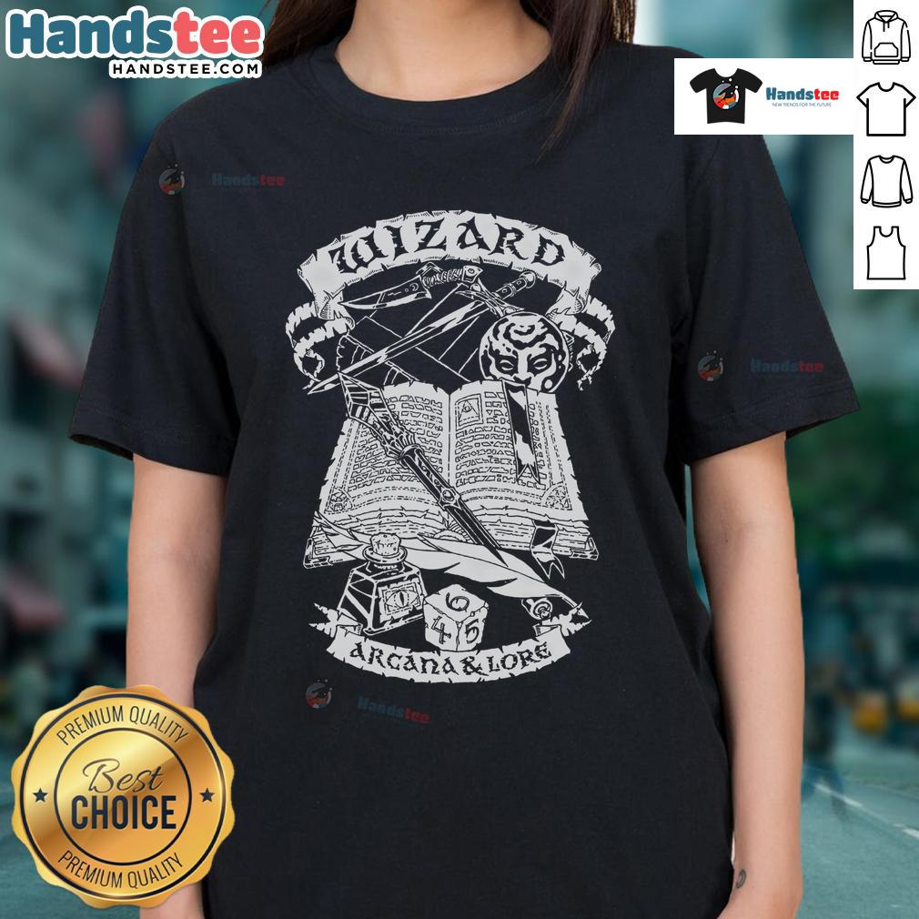 Good Fantasy Role Playing Game Wizard Ladies Tee featuring colorful wizard designs and magical elements.