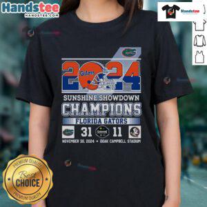 Florida Gators 2024 Sunshine Showdown Champions ladies tee featuring vibrant team colors and logo, perfect for fans.