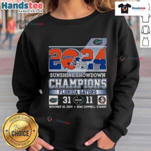 Florida Gators 2024 Sunshine Showdown Champions sweatshirt featuring vibrant team colors and logo.