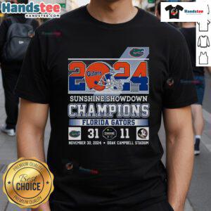 2024 Sunshine Showdown Champions T-Shirt featuring Good Florida Gators logo and vibrant design, perfect for fans.