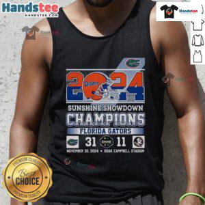 Good Florida Gators 2024 Sunshine Showdown Champions tank top featuring team colors and logo design.
