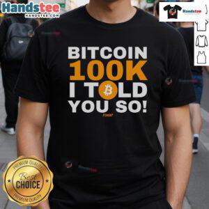 Good Fomo21 Bitcoin 100K I Told You So T-Shirt featuring bold graphics celebrating Bitcoin's rise to $100K.