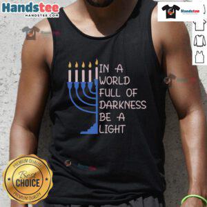Good Hanukkah Menorah tank top design featuring a menorah shining brightly in darkness, promoting hope and light.