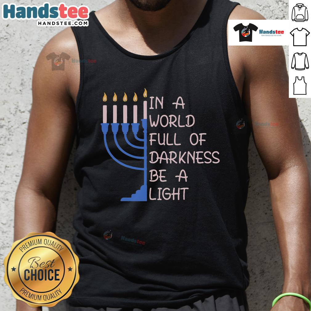 Good Hanukkah Menorah tank top design featuring a menorah shining brightly in darkness, promoting hope and light.